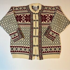 Vtg Voss Nordic Knit Cardigan Sweater Fair Isle Pewter Clasps